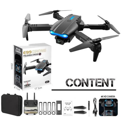 E99 Pro RC Drone With Dual Cameras and WiFi FPV, Foldable, Brushless Motors, shown with accessories and packaging