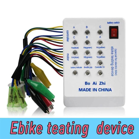 Brushless Motor And Controller Tester For E Bikes And Electric Scooters 24V 36V 48V 60V 72V Quick Coil And Phase Sequence Check ABC Or Abc And 60 Or 120 Degree Phase Angle For Fast Diagnostics White, front view with cables