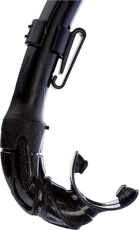 Close-up of black Mexico Semi Dry Snorkel for Adults With Anti Splash Valve and Comfortable All Day Fit Rounded Profile Easy Breathing Tube.