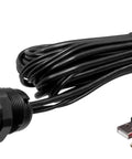 Universal USB 3.5mm Aux Interface Mount And Cable, 6 Foot Pass-Through Extension, Works With Rear USB Or RCA Inputs, Dustproof And Water Resistant With UV Shield, 1.5 Inch Through Hole Mount For 29mm Cutout, Ready To Install In Your Ride, shown coiled with connectors visible.