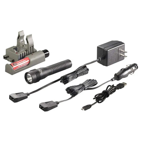Strion LED HL 615 Lumen Rechargeable Flashlight With 120V 100V 12V DC Piggyback Charger and cables displayed on white background