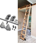 Sliding Barn Door Hardware Kit Basic Black With Big Spoke Wheel Rollers Wrought Iron Track System installed with ladder