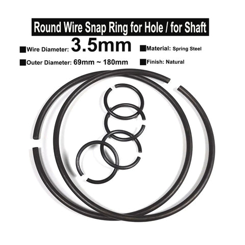 Five Piece 3.5mm Spring Steel Wire Retaining Rings For Shaft Od 69 To 180Mm, showing black snap rings arranged on a white background.