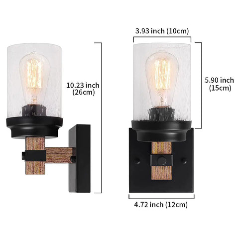 Diagram showing dimensions of One Light Rustic Wall Sconce For Bathroom And Hallway With Metal Wood Grain Vanity Light And Glass Shade.