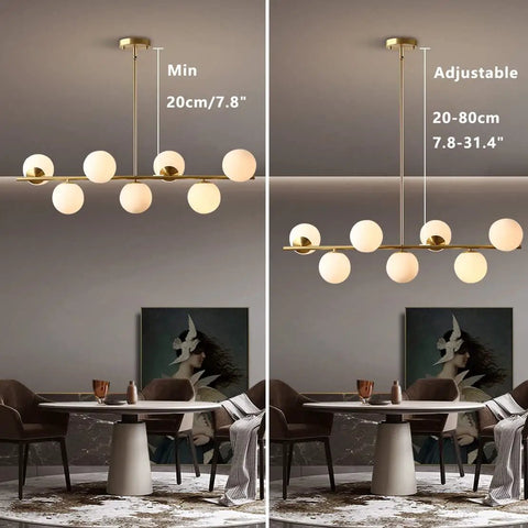 Groovy Mid Century Modern Pendant Light Set Featuring Sleek Glass Globes and Gold Finish adjustable height display in dining room.