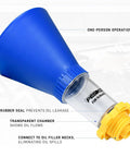 Spill Free Hands Free Engine Oil Funnel For Subaru Vehicles Easy Mess Free Oil Change With Threaded Cap Fit, blue and transparent design