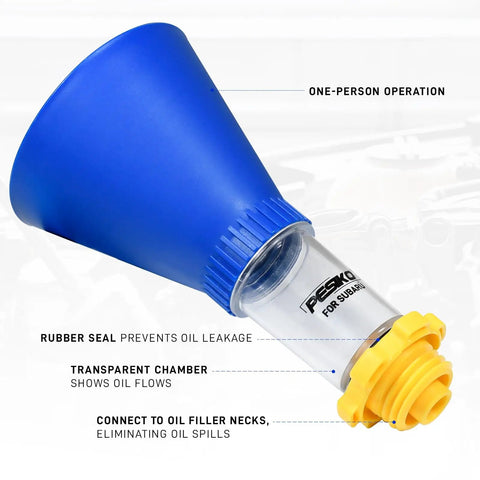 Spill Free Hands Free Engine Oil Funnel For Subaru Vehicles Easy Mess Free Oil Change With Threaded Cap Fit, blue and transparent design