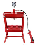 10 Ton Hydraulic Shop Press With Adjustable H Frame And Stamping Plates For Garage Workshop And Automotive Repair showing red steel structure and pressure gauge.