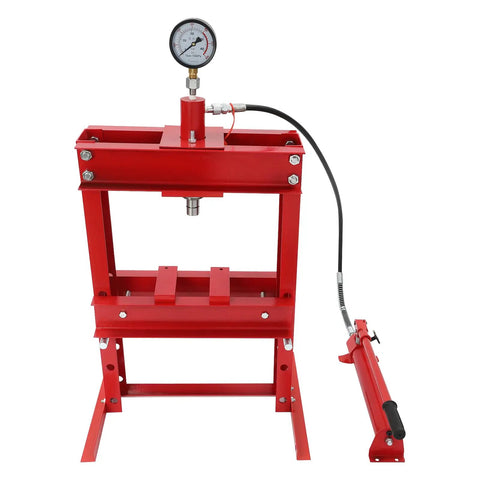 10 Ton Hydraulic Shop Press With Adjustable H Frame And Stamping Plates For Garage Workshop And Automotive Repair showing red steel structure and pressure gauge.