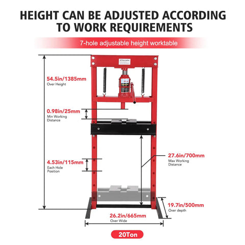 20 Ton Hydraulic Shop Press For Car Repair And Garage Use Heavy Duty Benchtop H Frame Press with dimensions and adjustable height