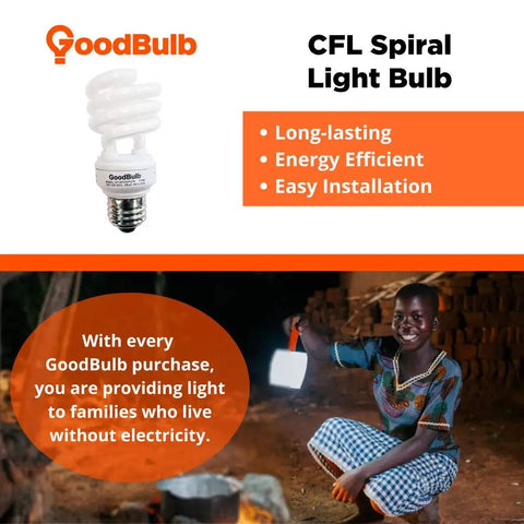 A 13 Watt Compact Fluorescent Bulb 2700K Warm White True Mini Spiral CFL Light Bulbs With E26 Medium Base next to a smiling person holding a lantern.