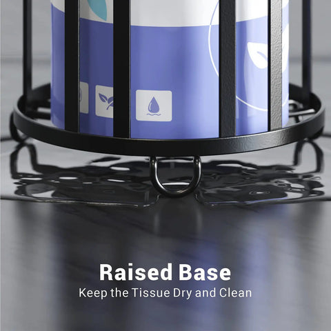 Close-up of raised base on 2 Pack Free Standing Toilet Paper Holder Tower For 3 Rolls Black Space Saving Workhorse Bathroom Organizer