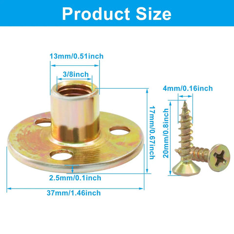 Built Like A Tank And No Sweat To Install These Galvanized Carbon Steel Heavy Duty Brad Hole Tee Nuts Pack Of 16 Coming With 48 Mounting Screws 3/8 Inch 16 Thread For Shop Jobs product size image detailing dimensions of tee nut and screws.