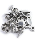 Badass Quality 30 Piece Canvas Snap Fastener Kit With Hella Durable Five Eighth Inches Stainless Steel and Solid Copper Parts Ideal For Gnarly Tents Boats Camping And Heavy Duty Leather DIY Projects, showing stainless steel caps and screws.