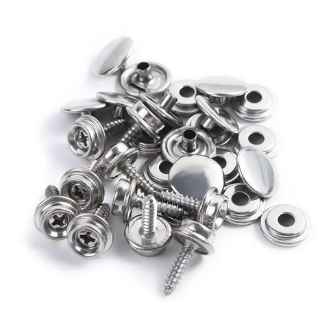 Badass Quality 30 Piece Canvas Snap Fastener Kit With Hella Durable Five Eighth Inches Stainless Steel and Solid Copper Parts Ideal For Gnarly Tents Boats Camping And Heavy Duty Leather DIY Projects, showing stainless steel caps and screws.