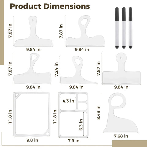Premium Thick Acrylic Router Template Kit Featuring Six Charcuterie Handles And Two Tray Gauges For No Sweat Routing And Crisp Diy Wood Finishes dimensions guide with measurements.