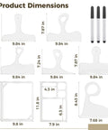 Dimensions of the Kickass Eight Piece Router Template Kit For Woodworking, including six handle patterns and two tray molds.