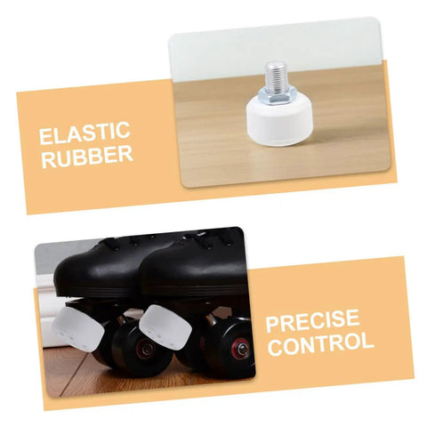 Two Pack Adjustable Rubber Roller Skate Toe Stops with High Elastic Brake Blocks for Precision Braking and Strong Stopping Power Quad Skates Replacement Parts shown with elastic rubber design and precise control on wooden floor.