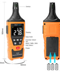 All In One Digital Temperature And Humidity Meter With Wet Bulb Dew Point Readout showing dimensions and features