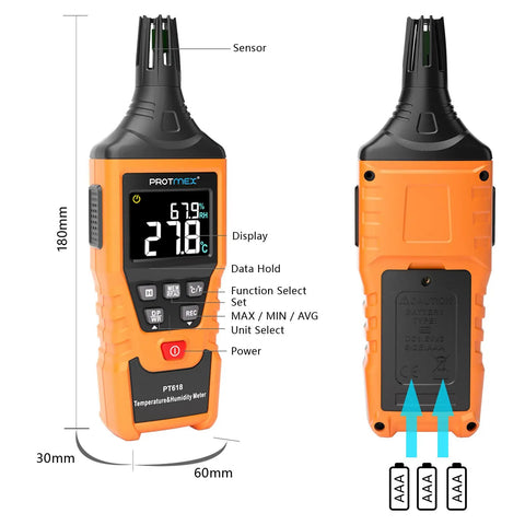 All In One Digital Temperature And Humidity Meter With Wet Bulb Dew Point Readout showing dimensions and features