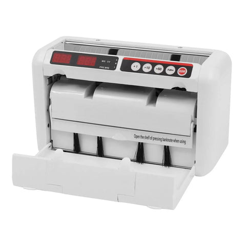 Portable Money Counter Machine With UV And Magnetic Counterfeit Detection, Rechargeable, front panel view open tray