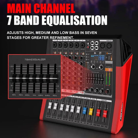 Six-Channel Pro Mixer With Bluetooth Sound Bar And Power Amplifier showing built-in 7-stage EQ
