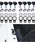 Hardtop Quick Removal Thumb Screws With Nut Washer And Tie Down D Rings For Jeep Wrangler JK YJ TJ JKU Black No Tools Needed Top Takeoff Keeps Fasteners Stored When Top Is Off, 8-pack with washers, nut plates, and D-rings shown, and installed view on Jeep.