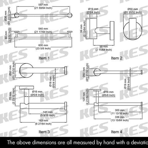 Dimensions guide for Brushed Gold Stainless Steel Bathroom Hardware Set With Toilet Paper Holder, Towel Bar, Towel Rail, Robe Hook