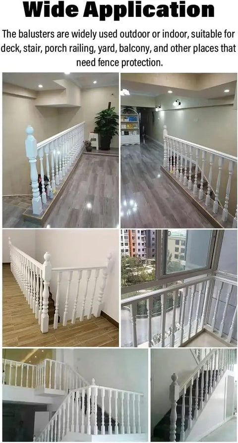 Rock Solid White Wooden Baluster Posts For Staircase Deck And Porch, No Sweat Poplar Wood Spindle Assembly in various indoor settings.