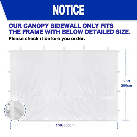 Instant Canopy Sidewalls For 10x10 Pop Up, Waterproof With 99 Percent UV Protection, 3 Piece White Set with size dimensions