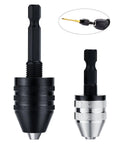 Front view of 2-piece drill chuck adapters with 1/4-inch hex shanks; black and silver knurled bodies