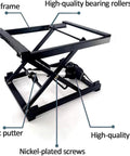 Sturdy Black Single Scissor Electric Lift Table With Height Adjustable Hydraulic Scissor Platform For Heavy Duty Material Handling In Your Warehouse, showing iron frame and motor components.