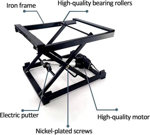 Sturdy Black Single Scissor Electric Lift Table With Height Adjustable Hydraulic Scissor Platform For Heavy Duty Material Handling In Your Warehouse, showing iron frame and motor components.