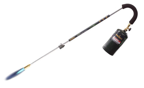 Self Igniting Outdoor Torch, 20,000 BTU High Output Flame, 36 Inch Handle shown with adjustable flame control and propane canister attached