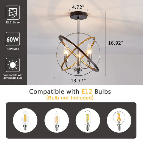 Dimensions and bulb compatibility for Three Light Farmhouse Dope Vintage Chandelier With Industrial Chrome Matte Finish E12 Base