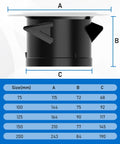 Dimensions diagram of the 4 Inch Round Exhaust Vent Cover With Built In Fly Screen For Bathroom Kitchen Office Home, showing size options.
