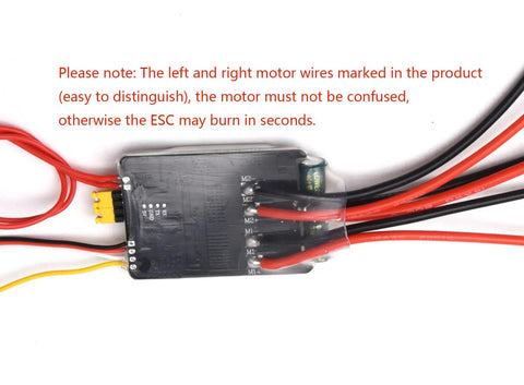 Close-up of Dual 30A Brushed ESCs for 2 to 6S RC vehicles bidirectional control with PWM input, showing wire connections.