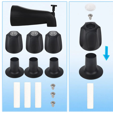 Shower Trim Kit for Three Handle Tub Shower Faucets Matte Black Finish Includes Hot And Cold Knob Handles Diverter Tub Spout