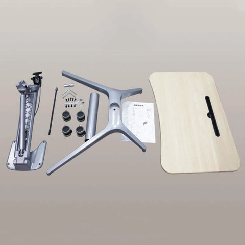 Kick Back And Roll Mobile Laptop Desk assembly parts including metal frame, tabletop, wheels, and instruction manual