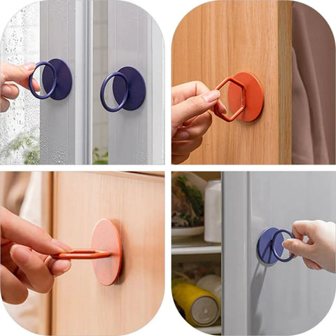 Adhesive Stick On Cabinet Handles 3 Pack Triangle and Hexagon Pull Knobs No Drill Easy Install displayed on wood and glass cabinets