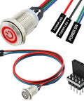 12mm Chassis Power Button Kit With LED Metal Button Cable For PC Case ATX On Off Switch Extension Cord Red DIY PC Build Easy Install Includes 1 To 2 Splitters, showing stainless steel button and cables