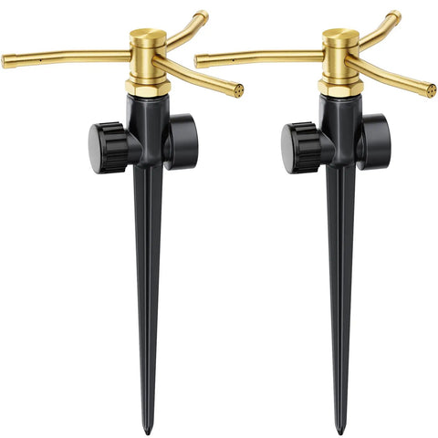 Heavy Duty Metal Lawn Sprinklers Two Pack With Spike Base Automatic Rotary 3 Arm Garden Sprinkler System 360 Degree Coverage For Yard Plants Flower Beds And Patio featuring brass and zinc alloy construction