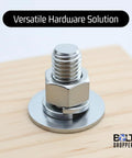 Close-up of stainless steel bolt with washer and nut on a wooden surface, Bolt Dropper