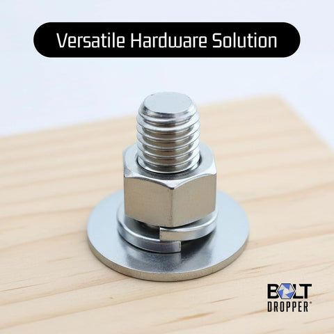 Close-up of stainless steel bolt with washer and nut on a wooden surface, Bolt Dropper