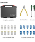 11 In 1 Pro Grade Network Tool Kit accessories including case, wire cutter pliers, screwdriver, RJ45 plugs and boots.