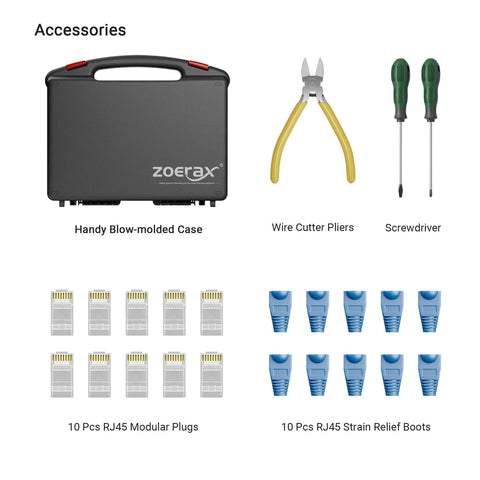 11 In 1 Pro Grade Network Tool Kit accessories including case, wire cutter pliers, screwdriver, RJ45 plugs and boots.