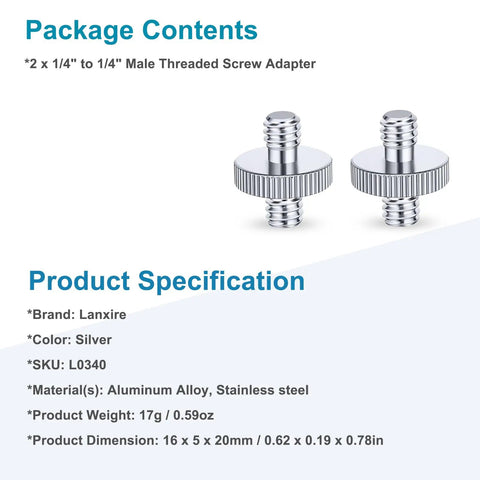Heavy Duty 1/4 Inch Male To Male Tripod Screw Adapter 2 Pack Built Tough Aluminum Alloy Thread Converter for camera mount.