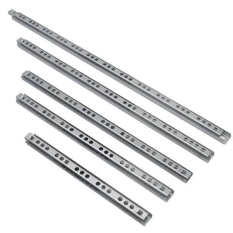 Set of fully extendable two-section drawer slides with steel ball bearings for 8 to 16 inch drawers, 14 inch version shown.