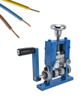 Dual Purpose Automatic Wire Stripper Machine For Copper Cable Works With Electric Drill Or Hand Crank High Speed Steel Jaw Strips 1Mm To 25Mm Wires, side view of blue wire stripper with handle and wires.