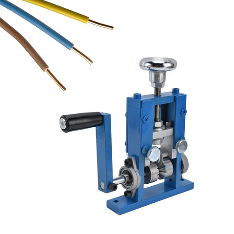 Dual Purpose Automatic Wire Stripper Machine For Copper Cable Works With Electric Drill Or Hand Crank High Speed Steel Jaw Strips 1Mm To 25Mm Wires, side view of blue wire stripper with handle and wires.